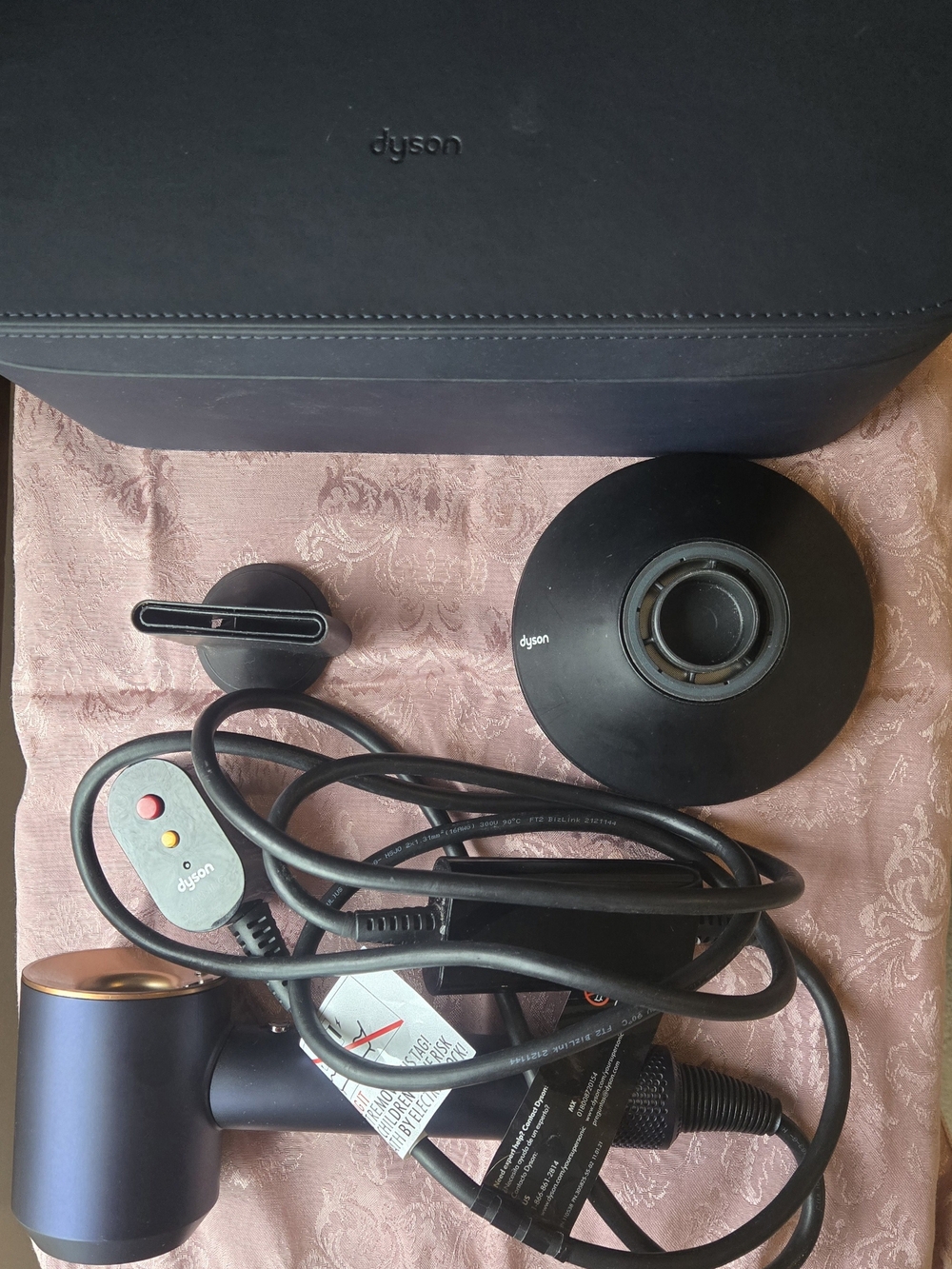 Dyson Navy Blue and Gold Hair Dryer with Stand and Nozzle Attachments